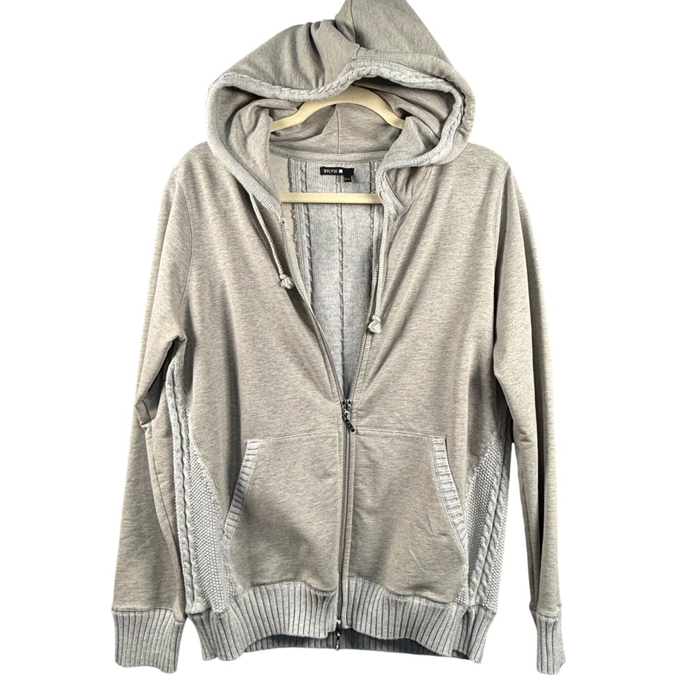 BYLYSE‎ L Cable Knit Trim Full Zip Hoodie Sweatshirt Mixed Media Coastal Grandma
